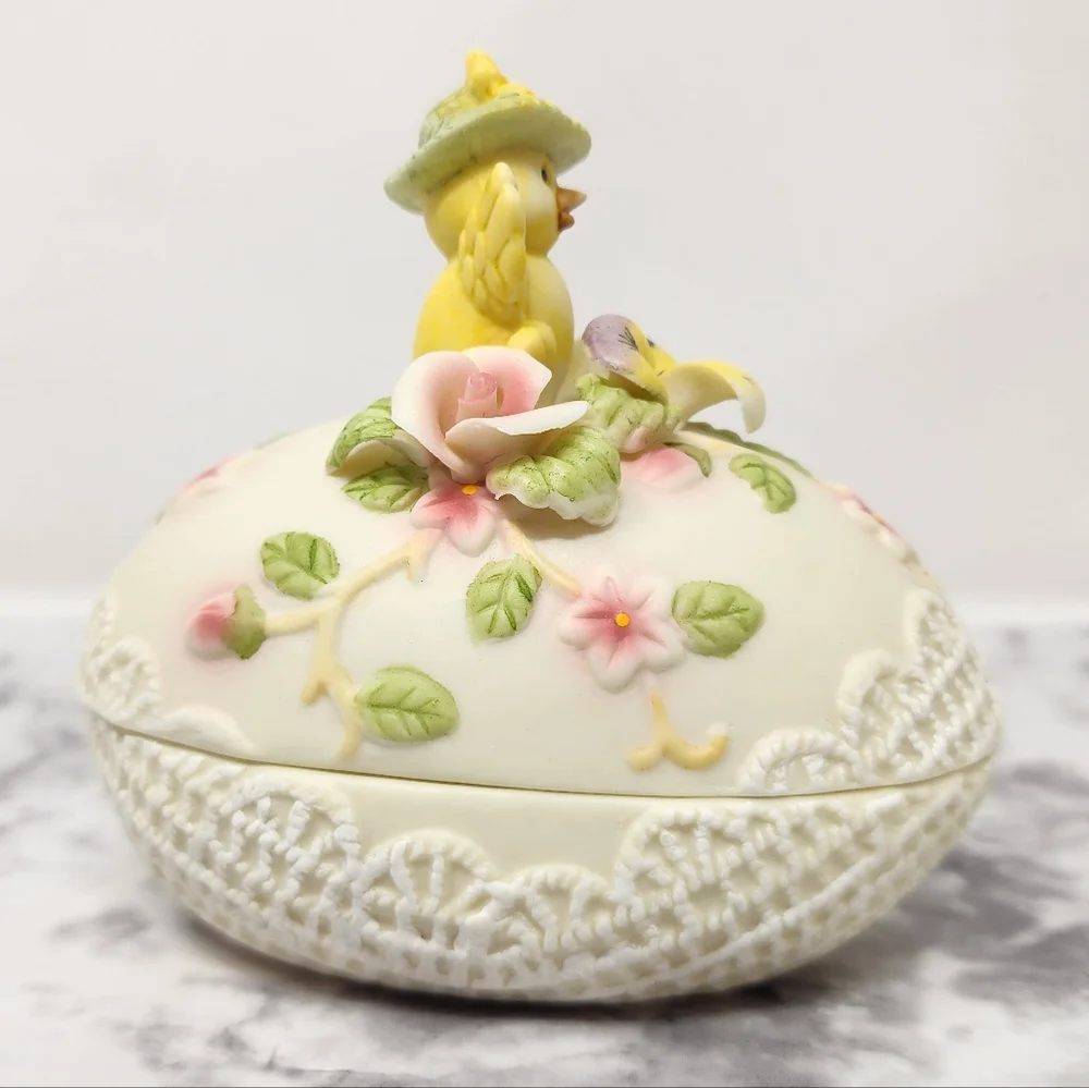 Decorative Egg with Yellow Chick and Flowers Trinket Box